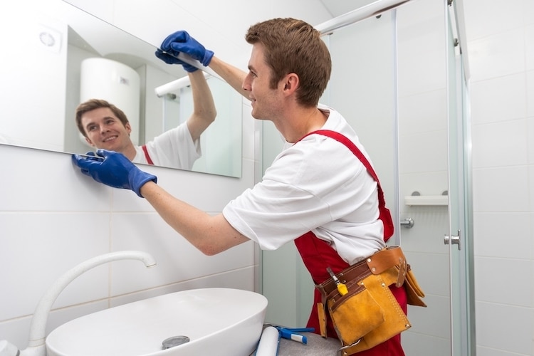 repairman hangs modern bathroom mirror up