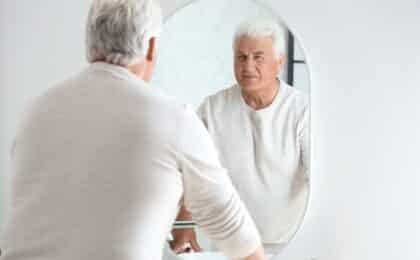 senior man looking mirror home