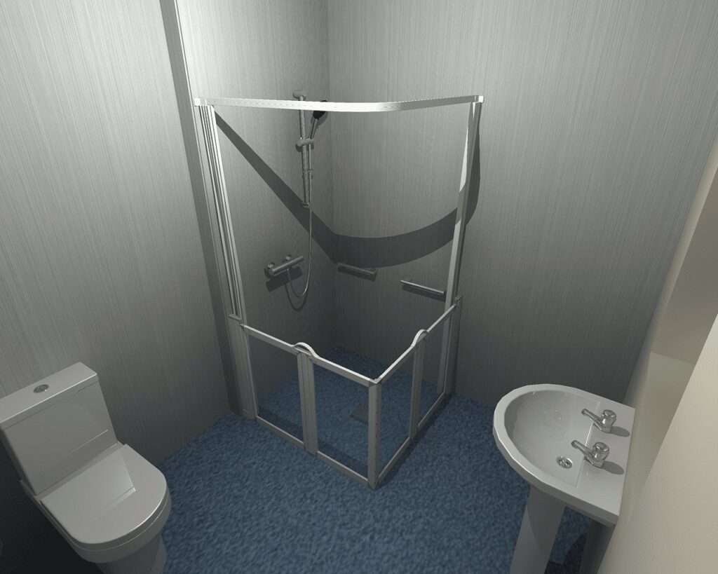 3D CAD design of Colin's new wet room, produced before installation began.