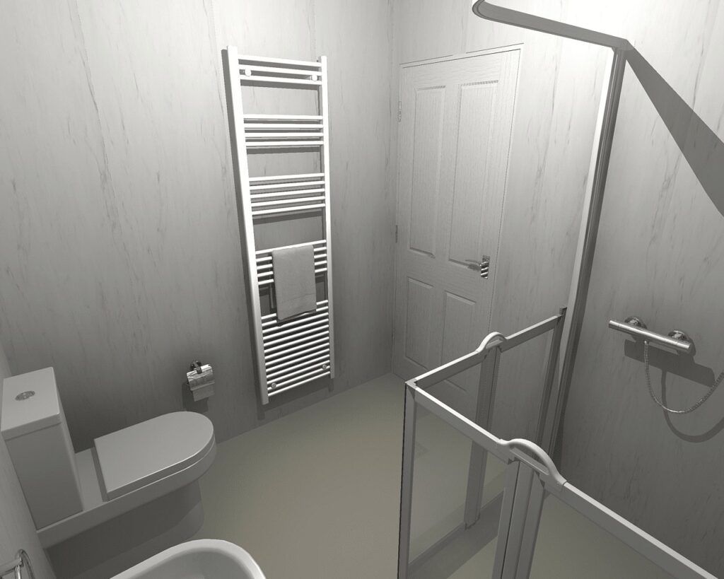 3D CAD design of Helen's new wheelchair-accessible wet room, produced before installation began