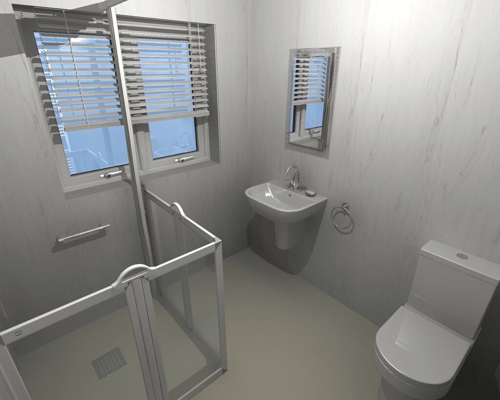 3D CAD design of Helen's new wheelchair-accessible wet room, produced before installation began