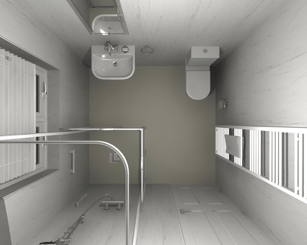 3D CAD design of Helen's new wheelchair-accessible wet room, produced before installation began