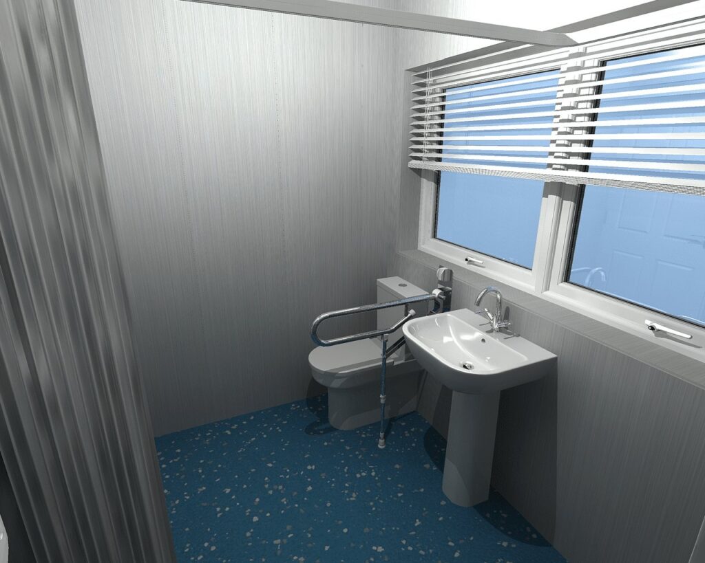 3D CAD design of Mark's new level-access wet room, produced before installation began.