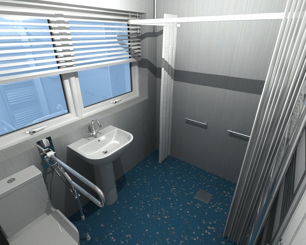 3D CAD design of Mark's new level-access wet room, produced before installation began.