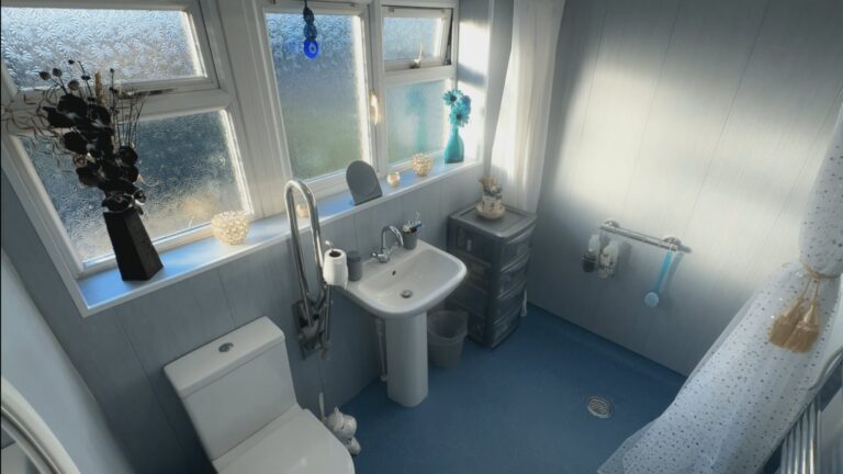 Mark's finished wet room from above, with a level-access shower area, pedestal basin, toilet with a floor-to-ceiling grab pole and blue safety flooring