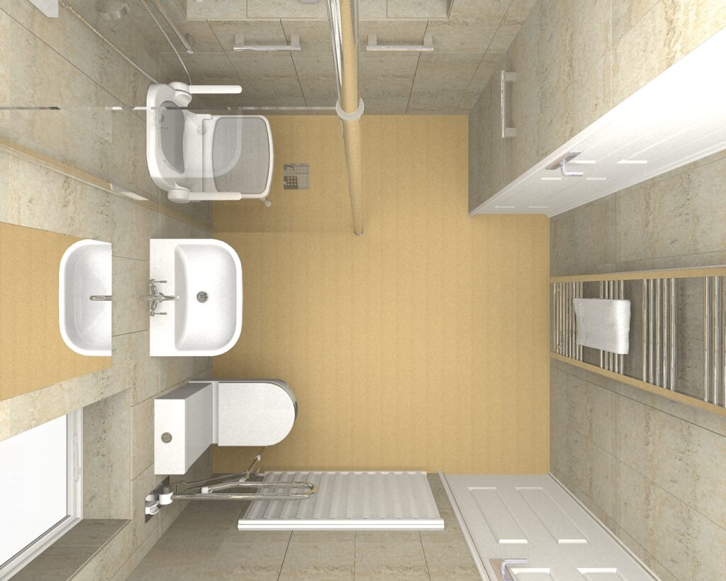 3D CAD design of the new level-access wet room, produced before installation began