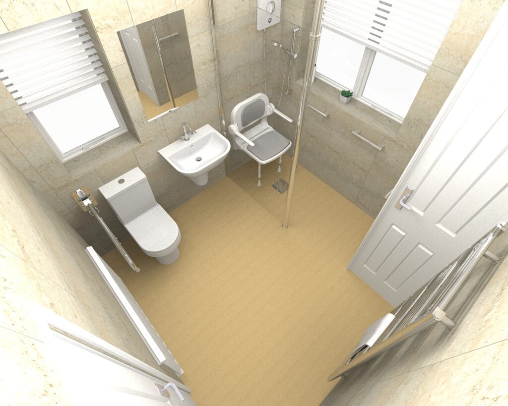 3D CAD design of the new level-access wet room, produced before installation began