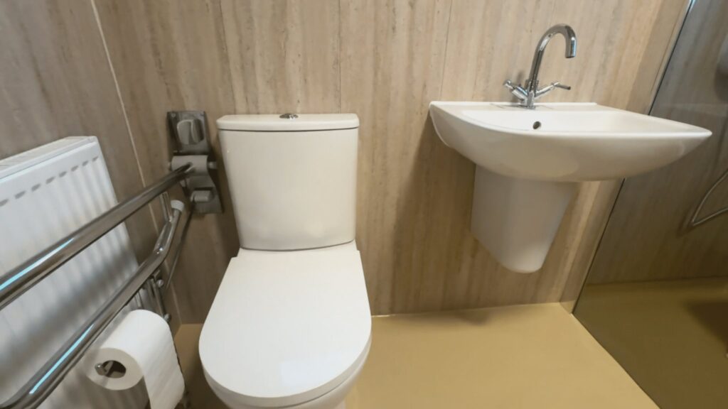 The comfort-height toilet with a wall-mounted folding support rail, beside the semi-pedestal basin and heated towel rail.