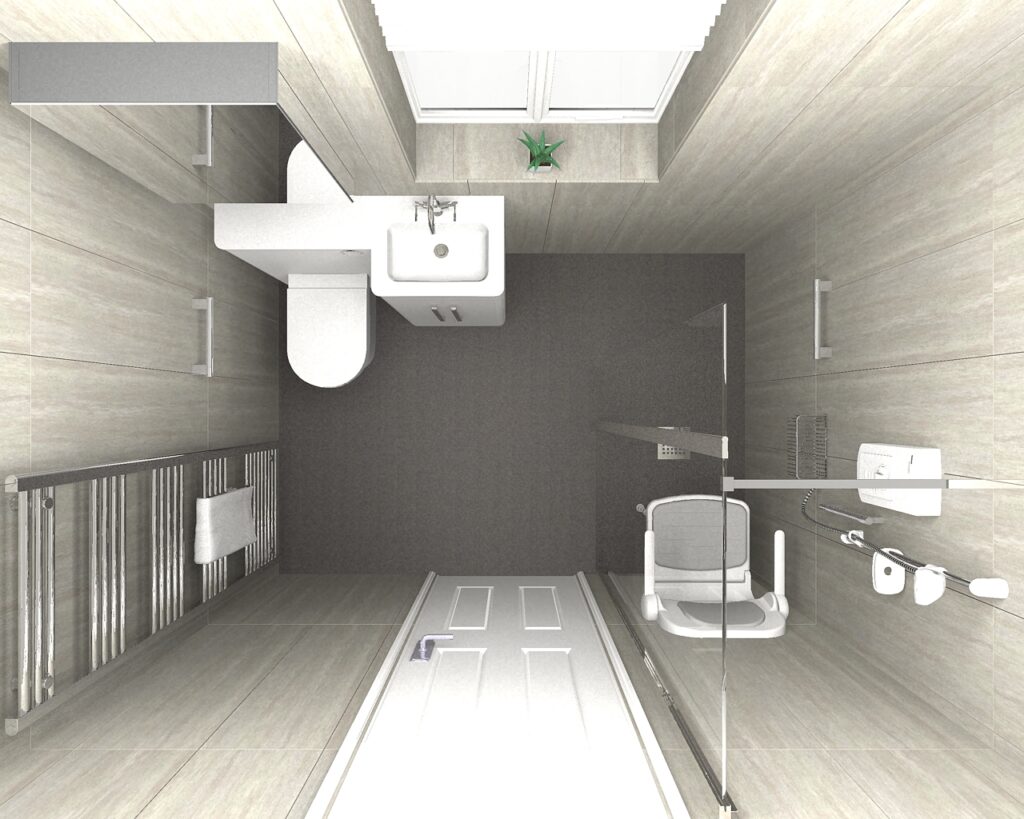 3D CAD design of Brian's new wet room, produced before installation began.