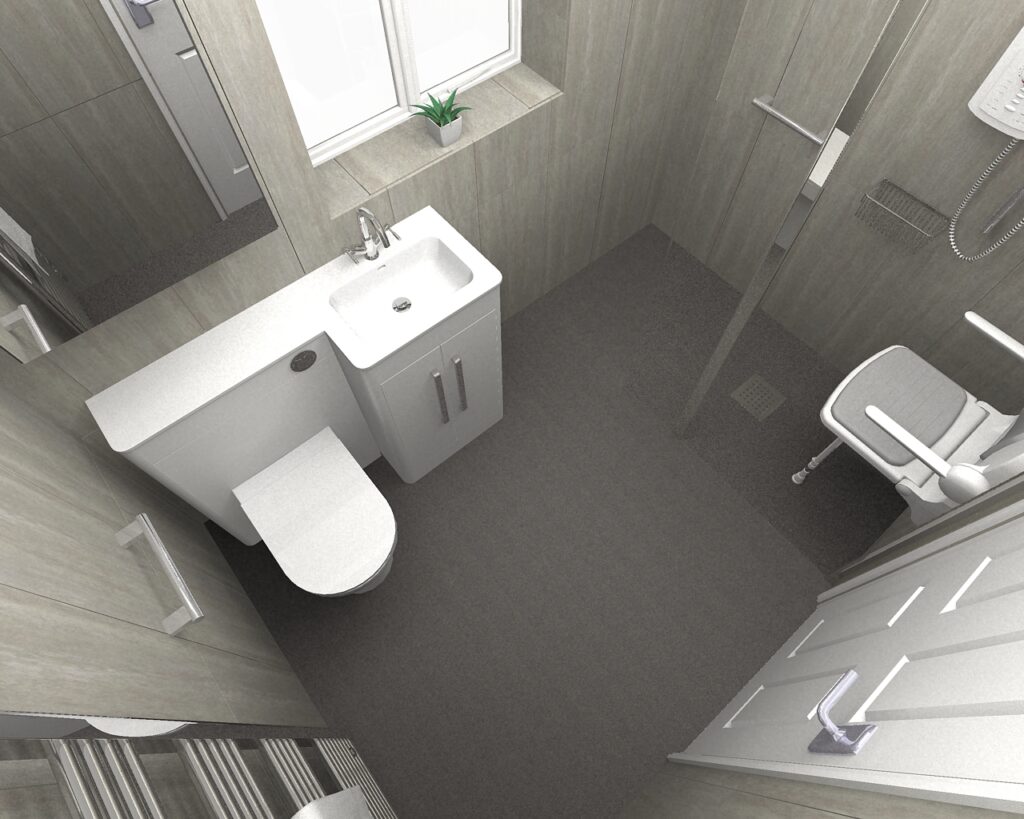 3D CAD design of Brian's new wet room, produced before installation began.