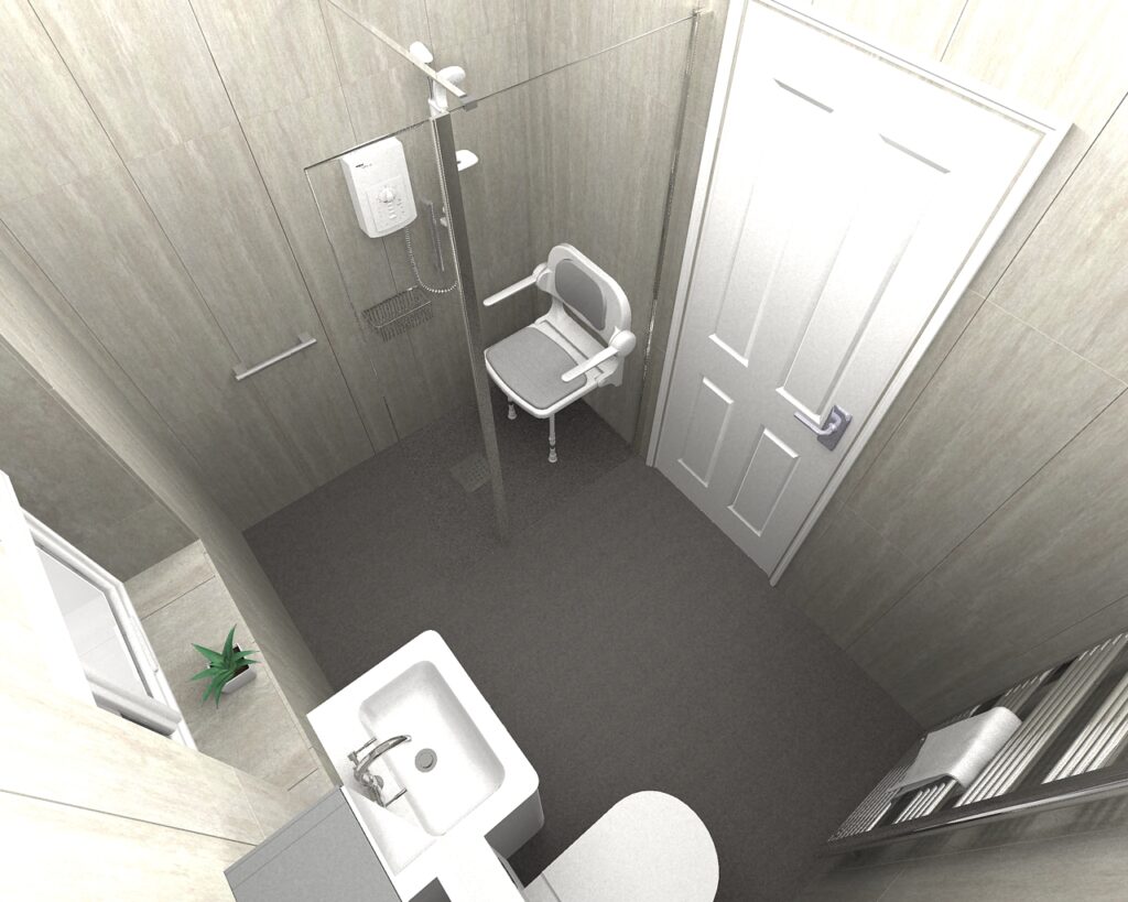 3D CAD design of Brian's new wet room, produced before installation began.