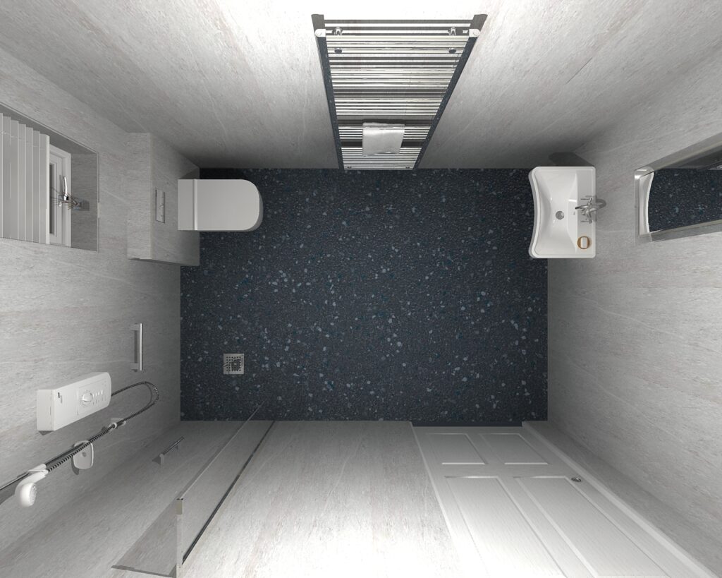 3D CAD design of Linda's wheelchair-friendly wet room, produced before installation began.