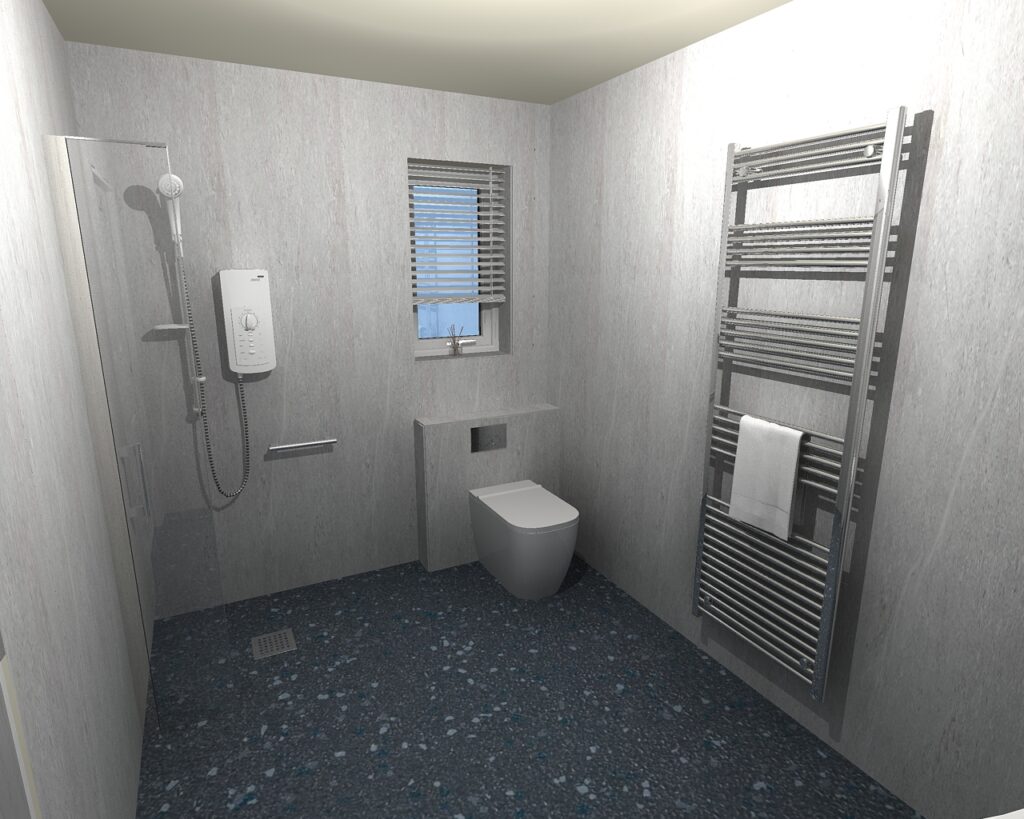 3D CAD design of Linda's wheelchair-friendly wet room, produced before installation began.