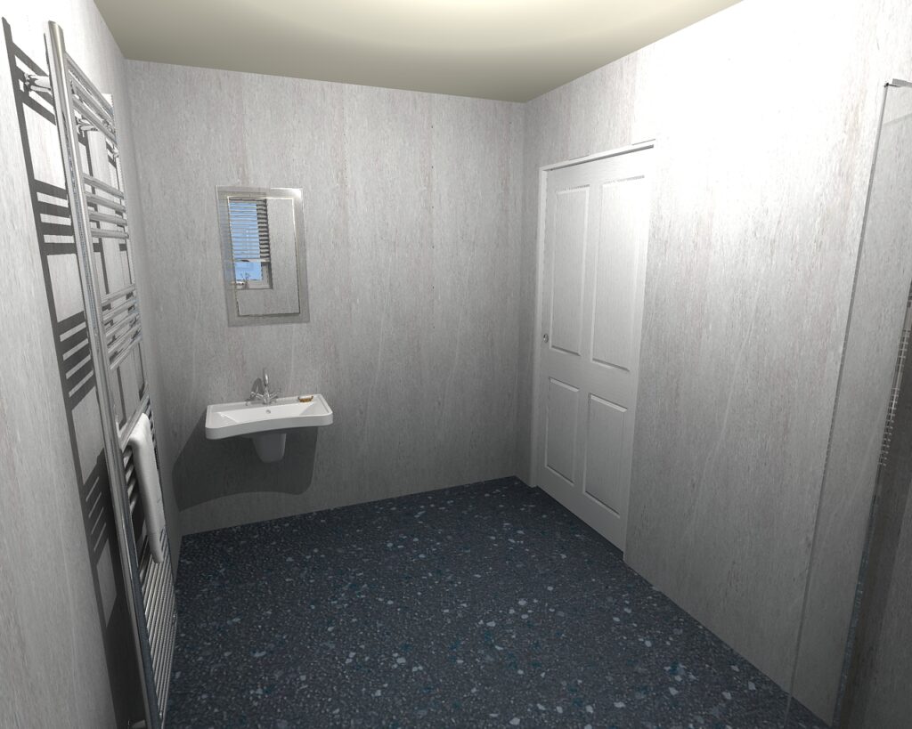 3D CAD design of Linda's wheelchair-friendly wet room, produced before installation began.
