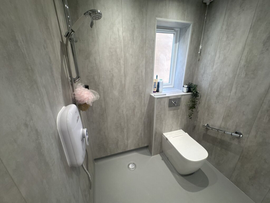 The shower corner of Linda's wet room, with an electric shower, handheld head and grab rail by the toilet.