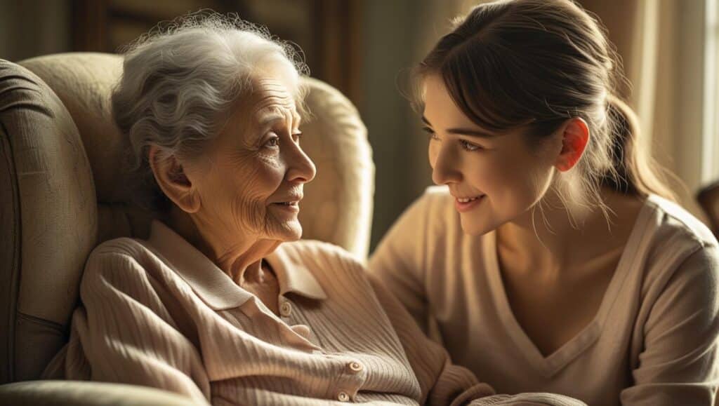 Daughter talking to elderly mum