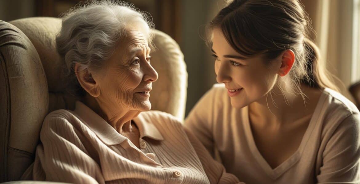 Daughter talking to elderly mum