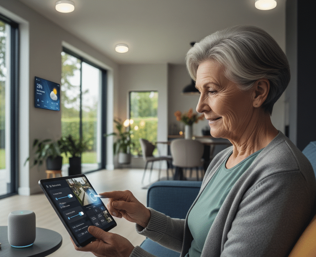Inclusive housing trends. A smiling elderly woman with short gray hair is sitting on a blue sofa, using a black tablet to control her smart home. Her finger is on the screen, which displays a smart home interface with icons for lighting and security cameras. A round smart speaker is on a small table next to her, and a large wall-mounted smart display shows a weather report in the background.