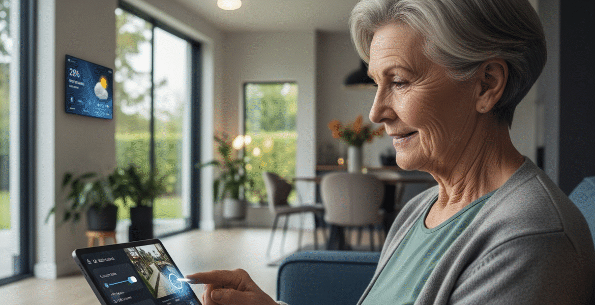 Inclusive housing trends. A smiling elderly woman with short gray hair is sitting on a blue sofa, using a black tablet to control her smart home. Her finger is on the screen, which displays a smart home interface with icons for lighting and security cameras. A round smart speaker is on a small table next to her, and a large wall-mounted smart display shows a weather report in the background.