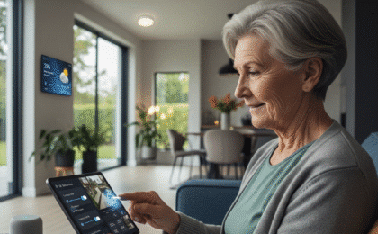 Inclusive housing trends. A smiling elderly woman with short gray hair is sitting on a blue sofa, using a black tablet to control her smart home. Her finger is on the screen, which displays a smart home interface with icons for lighting and security cameras. A round smart speaker is on a small table next to her, and a large wall-mounted smart display shows a weather report in the background.