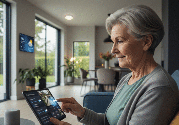 Inclusive housing trends. A smiling elderly woman with short gray hair is sitting on a blue sofa, using a black tablet to control her smart home. Her finger is on the screen, which displays a smart home interface with icons for lighting and security cameras. A round smart speaker is on a small table next to her, and a large wall-mounted smart display shows a weather report in the background.