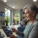 Inclusive housing trends. A smiling elderly woman with short gray hair is sitting on a blue sofa, using a black tablet to control her smart home. Her finger is on the screen, which displays a smart home interface with icons for lighting and security cameras. A round smart speaker is on a small table next to her, and a large wall-mounted smart display shows a weather report in the background.