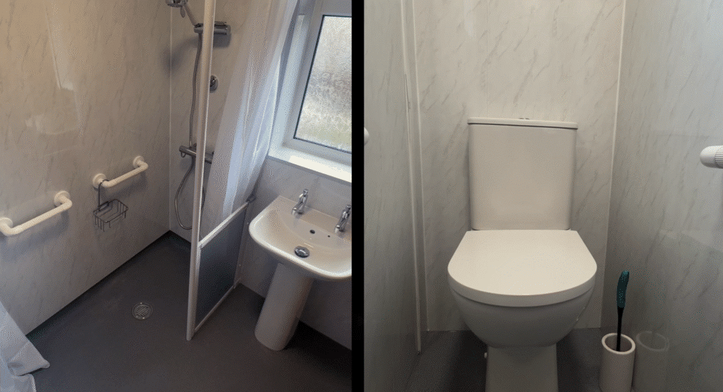A side-by-side comparison of an old and new bathroom. The old bathroom has pink tiles and a tub, while the new one is all white with a walk-in shower and grab bars.