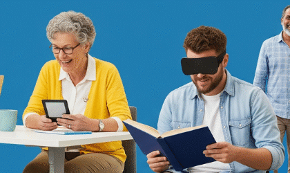 A diverse group of smiling disabled adults engaged in various activities, including a person in a wheelchair using a laptop, another with a visual impairment reading a large-print e-reader, and a person with crutches walking confidently. The image is a header for a blog titled "Empower & Thrive: Practical Tips for Disabled Adults
