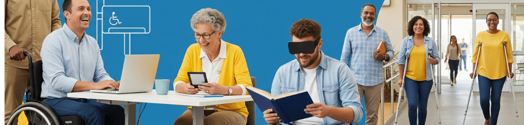 A diverse group of smiling disabled adults engaged in various activities, including a person in a wheelchair using a laptop, another with a visual impairment reading a large-print e-reader, and a person with crutches walking confidently. The image is a header for a blog titled "Empower & Thrive: Practical Tips for Disabled Adults