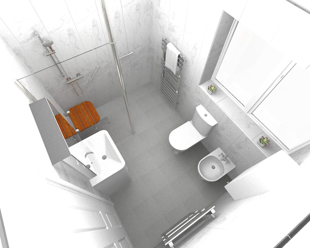 3D CAD design of Lesley's new wet room, produced before installation began