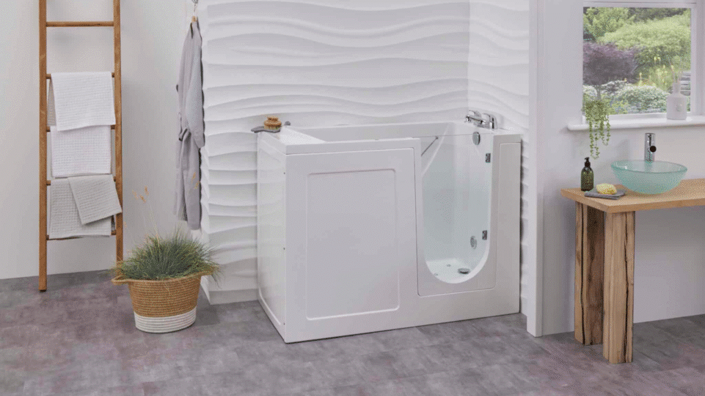 The Georgia walk-in bathtub with a glass door in a modern, brightly lit bathroom.