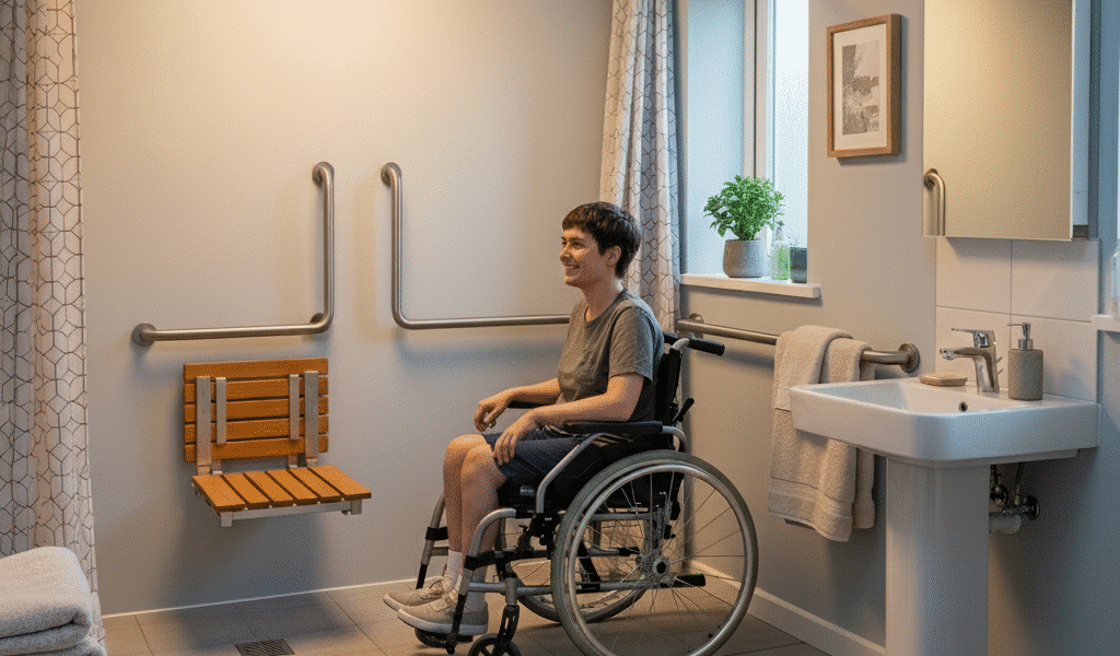 A person in a wheelchair smiles as they are about to use a level-access shower in a modern, accessible wet room in a UK home. The room is comfortable and well-lit, with grab rails, a fold-down shower seat, non-slip flooring, and towels within easy reach.