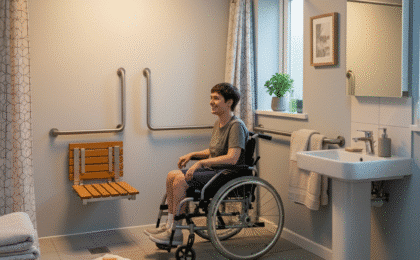 A person in a wheelchair smiles as they are about to use a level-access shower in a modern, accessible wet room in a UK home. The room is comfortable and well-lit, with grab rails, a fold-down shower seat, non-slip flooring, and towels within easy reach.