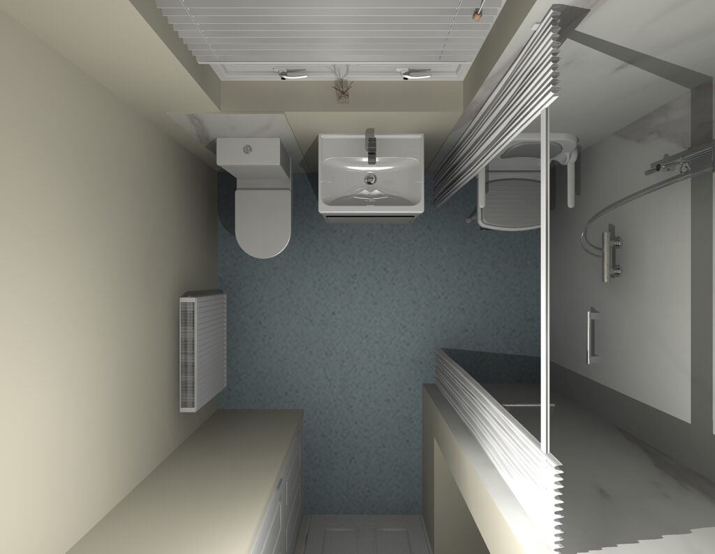 3D CAD design of Sandra's new wet room, produced before installation began