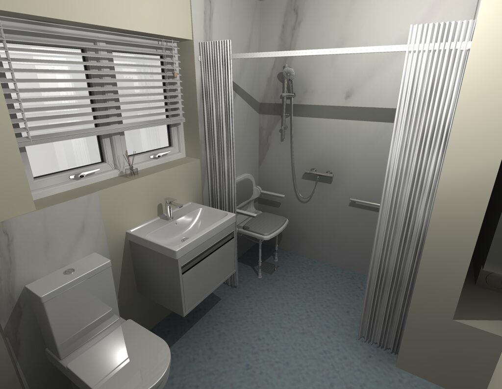3D CAD design of Sandra's new wet room, produced before installation began