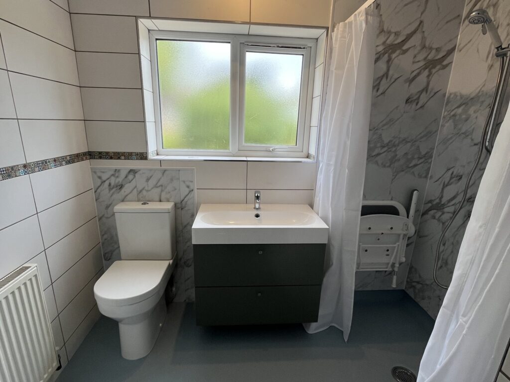 Sandra's new wet room: toilet, vanity basin and folding shower seat, with the original tiles kept above.