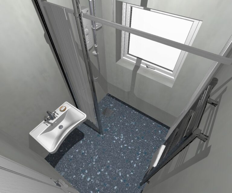 A small, modern bathroom with a blue speckled floor, wall-mounted sink with soap, a sleek walk in shower behind a glass partition, modern shower fixtures, a window, and a towel radiator.