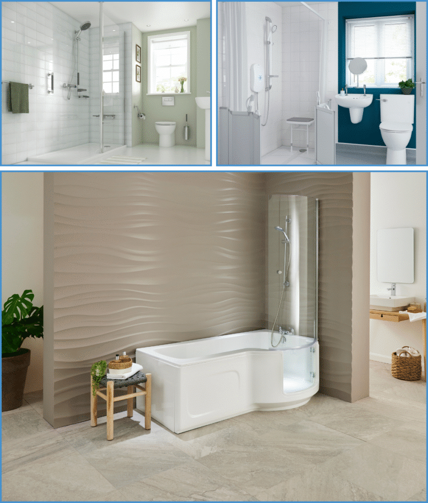Collage of modern mobility bathrooms including a walk-in shower with grab rails, a compact shower room with seat, and a P-shaped walk-in bath with overhead shower.