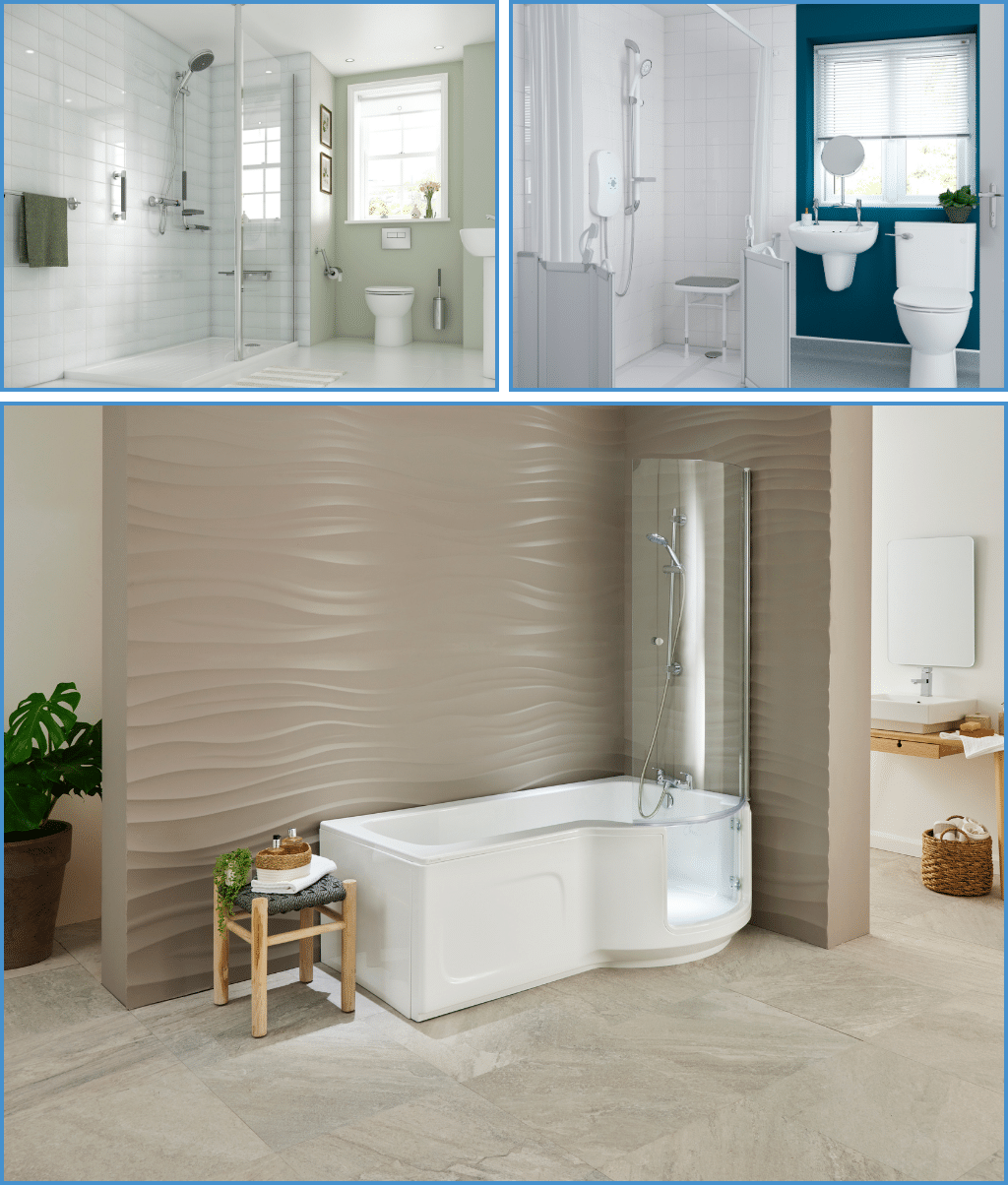 Collage of modern mobility bathrooms including a walk-in shower with grab rails, a compact shower room with seat, and a P-shaped walk-in bath with overhead shower.