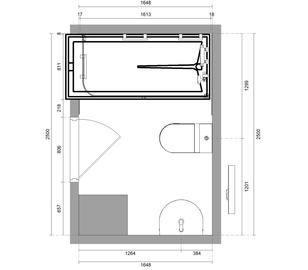 2D plan / 3D CAD design of Denise's new walk-in shower, produced before installation began.