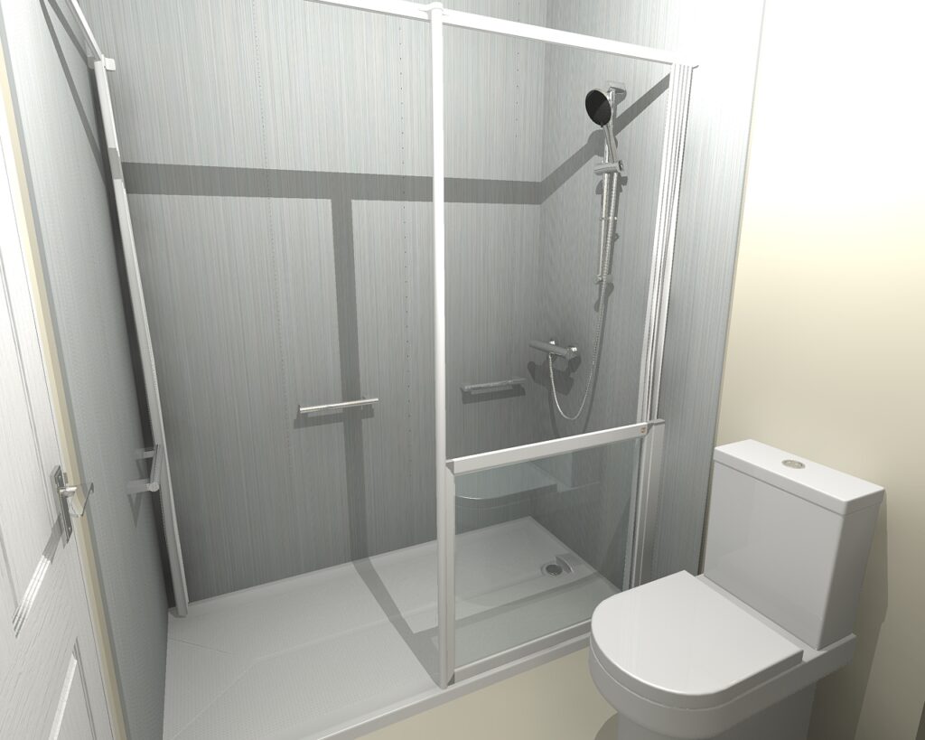 2D plan / 3D CAD design of Denise's new walk-in shower, produced before installation began.