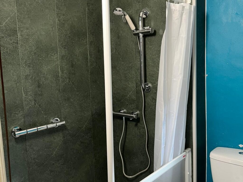 Denise's new walk-in shower with a handheld head, riser rail, grab rail and half-height door.