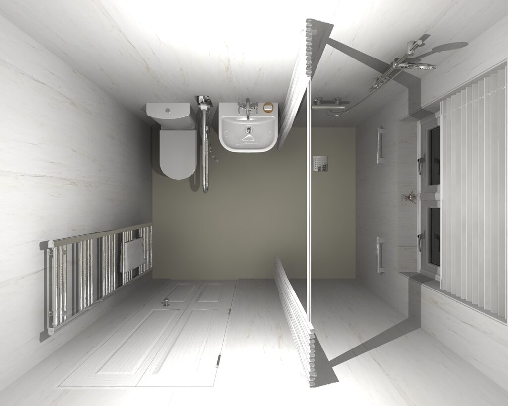 3D CAD design of Julie's full wet room, produced before installation began.