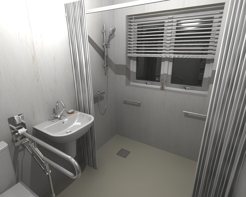3D CAD design of Julie's full wet room, produced before installation began.