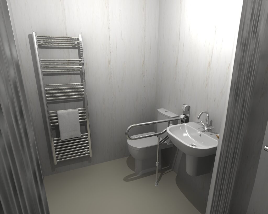 3D CAD design of Julie's full wet room, produced before installation began.