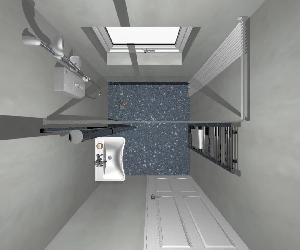 3D CAD design of Peter's new level-access wet room, produced before installation began