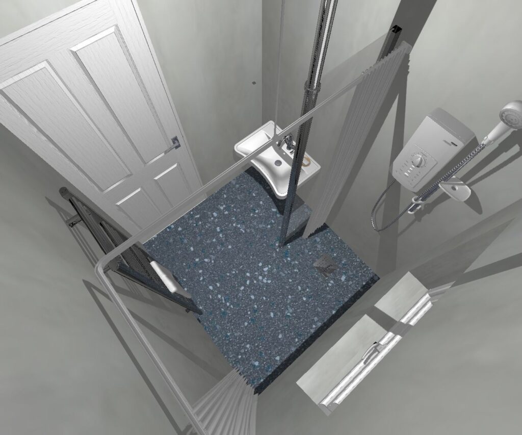 3D CAD design of Peter's new level-access wet room, produced before installation began