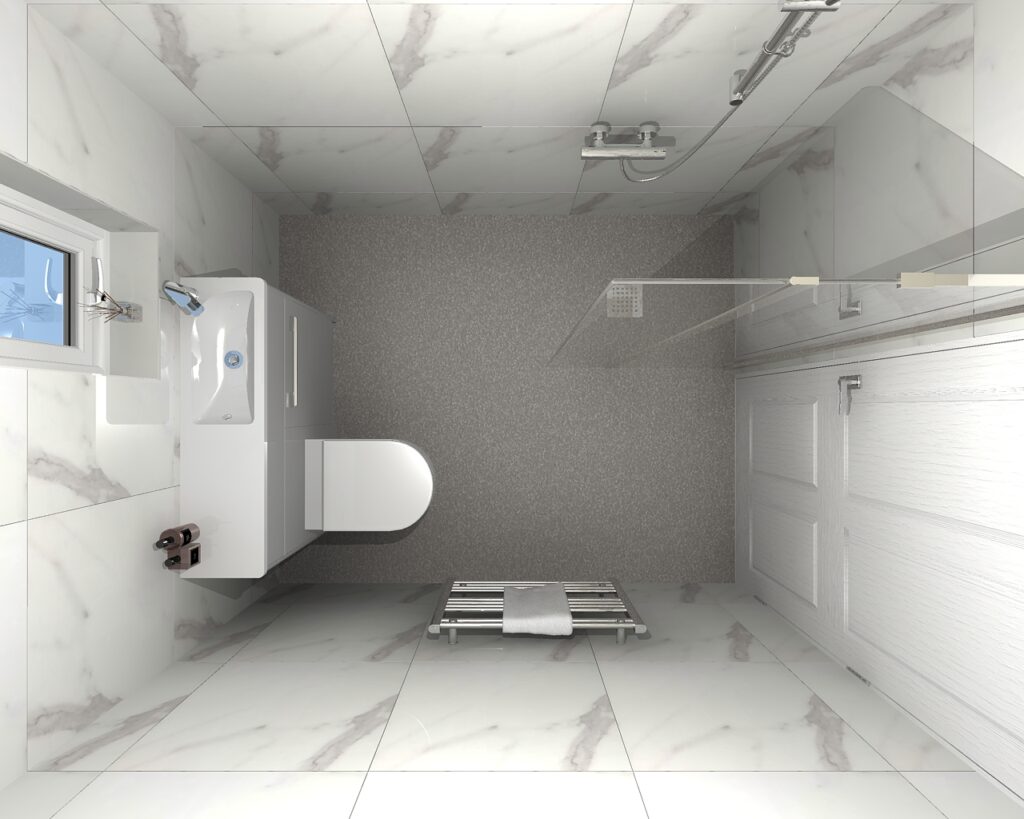 3D CAD design of Sophie's loft wet room, produced before installation began.