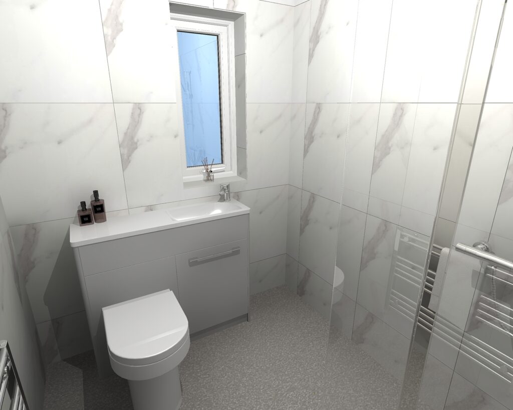 3D CAD design of Sophie's loft wet room, produced before installation began.