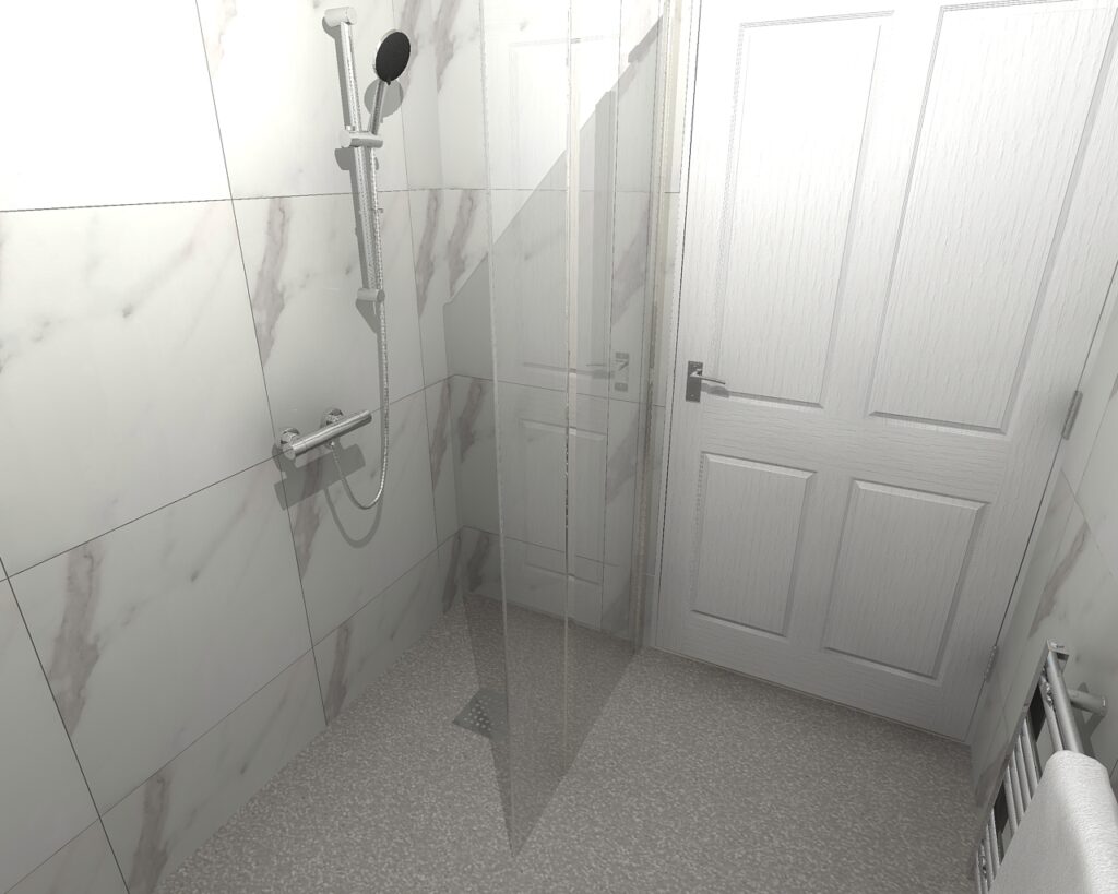 3D CAD design of Sophie's loft wet room, produced before installation began.